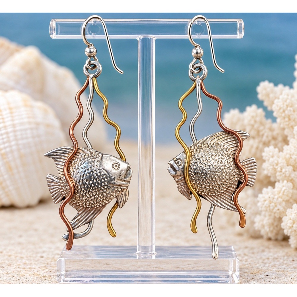 Sterling Silver Angelfish Dangle Earrings Mixed Metal Artisan Fish Ocean 9g